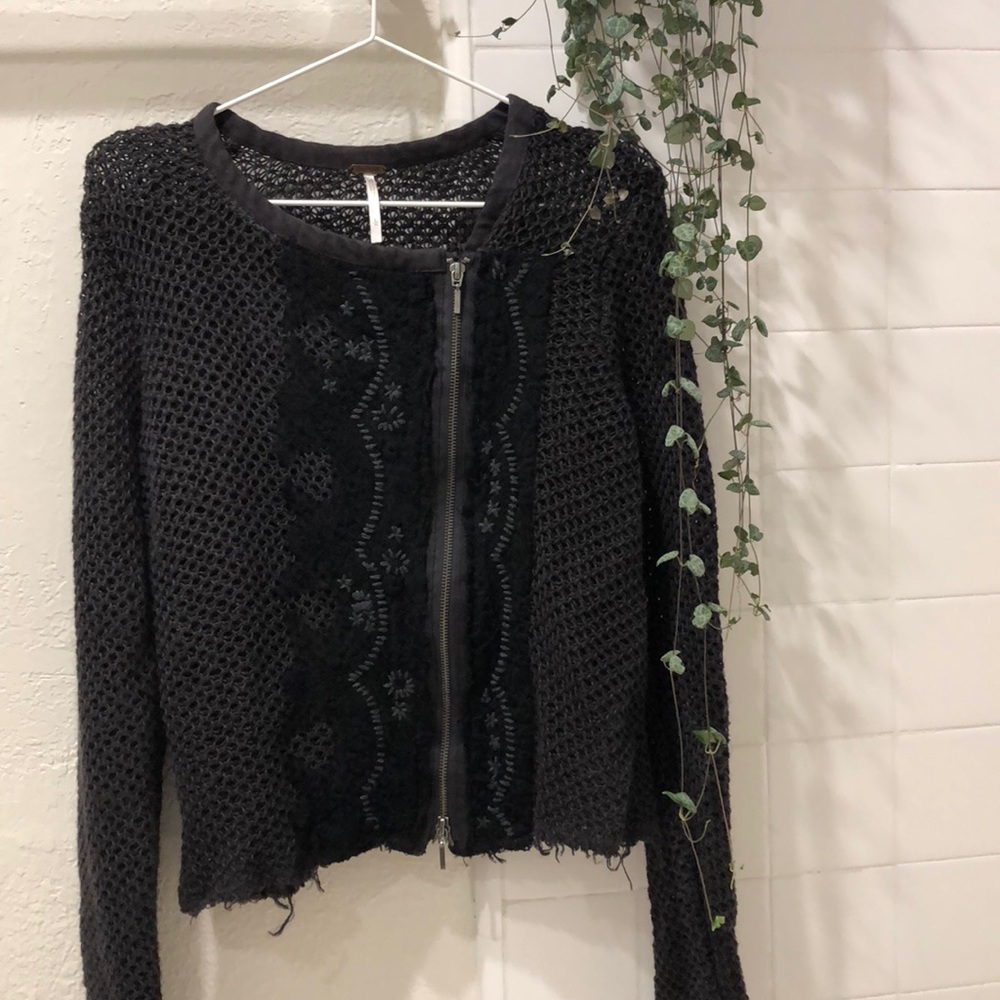 Free People Grey Lace Embroidered Sweater Jacket